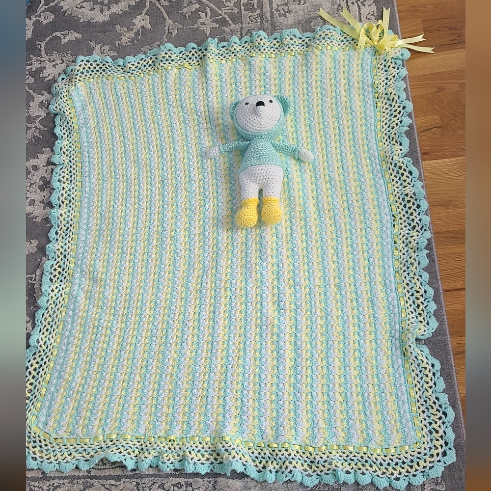 Handmade Crochet Baby Blanket with Hand Crochet Toy Bear